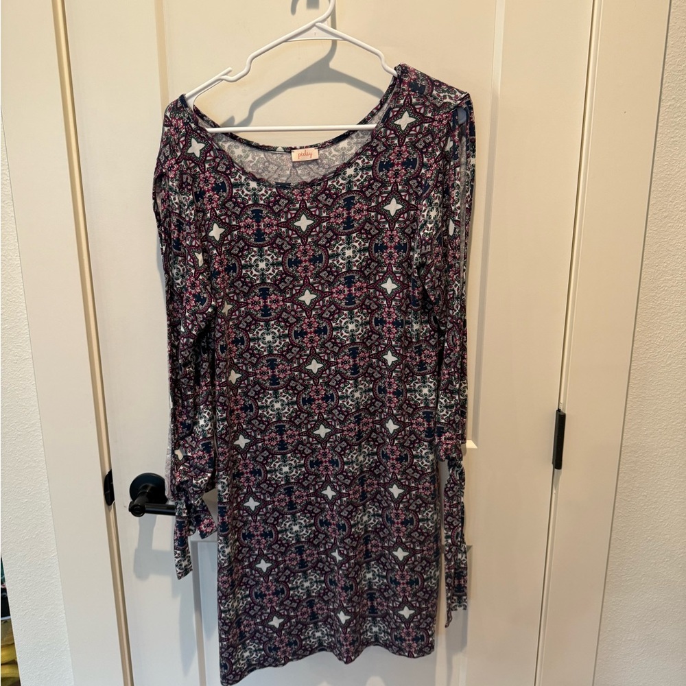 Pixley Ladies Dress. Floral Print, purple/green/blue/white. Large.